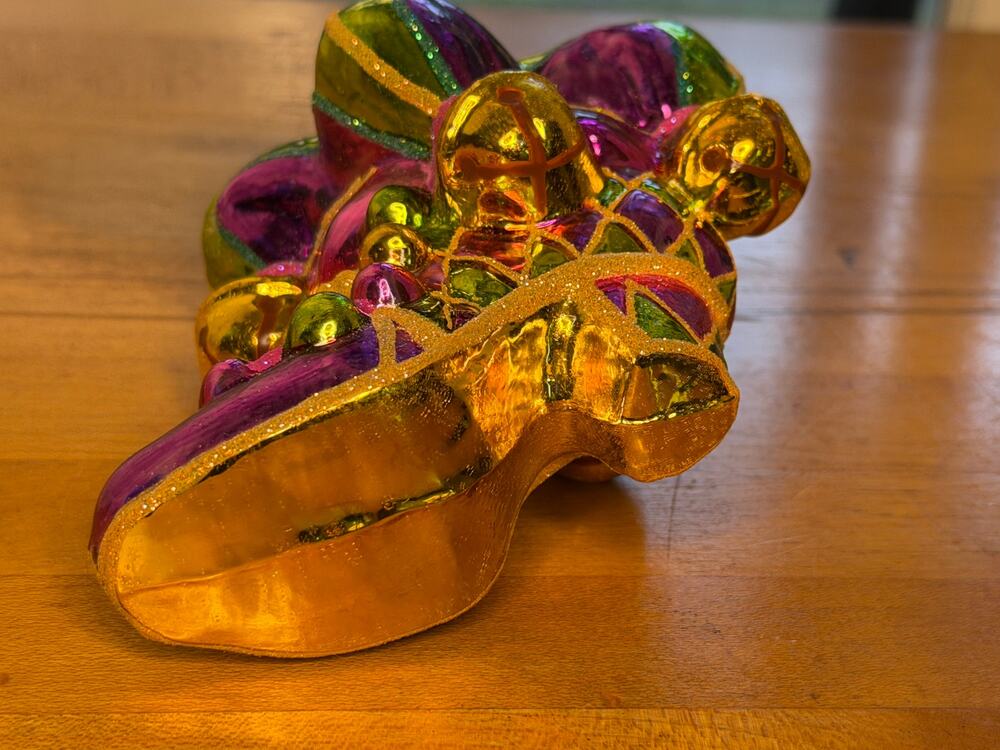 Christopher Radko Mardi Gras Jester Shoe Glass Ornament Purple Green Gold Bells